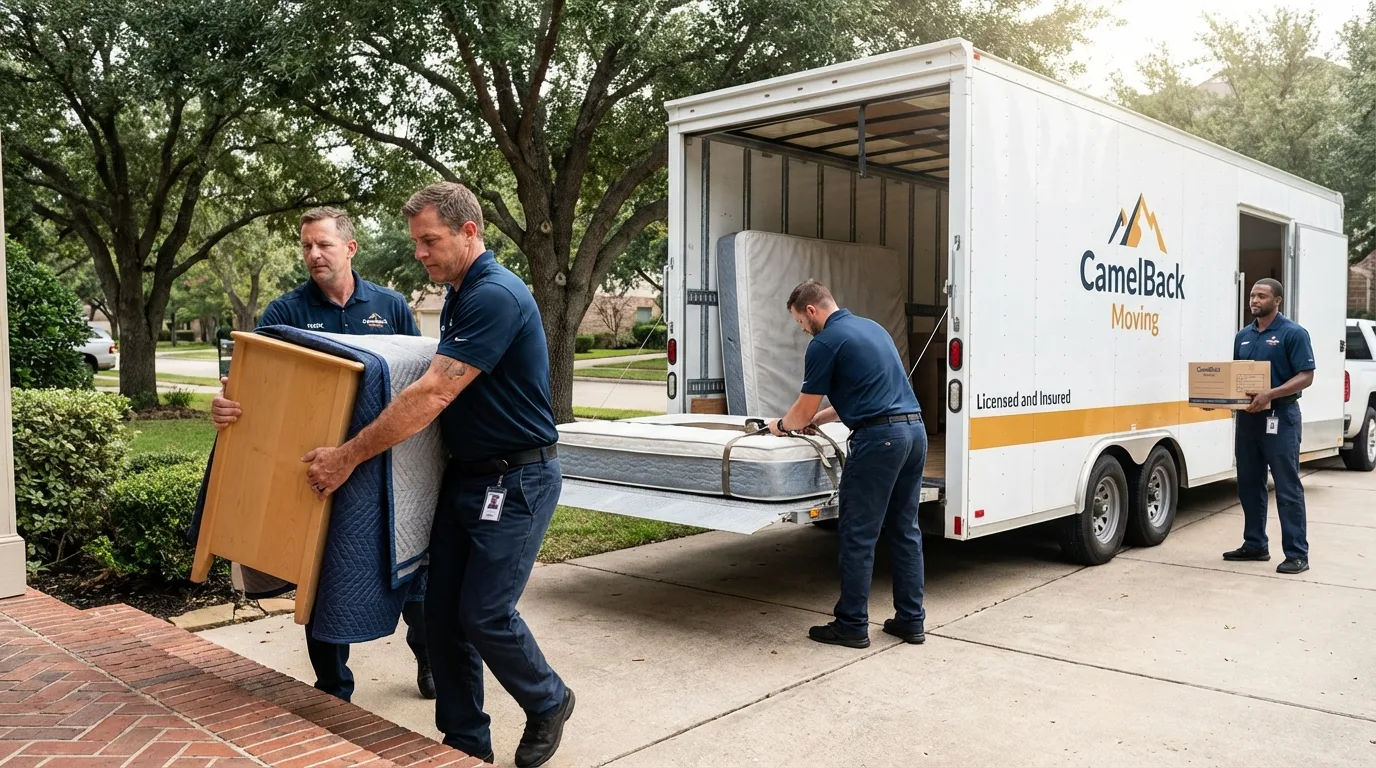 Crew loading residential truck for cross-state move from New Buffalo, MI