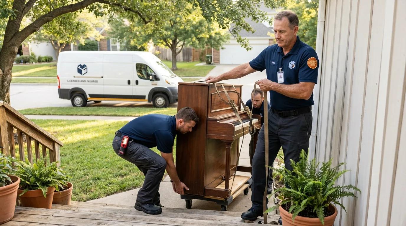 Licensed piano movers securing grand piano in New Buffalo, MI