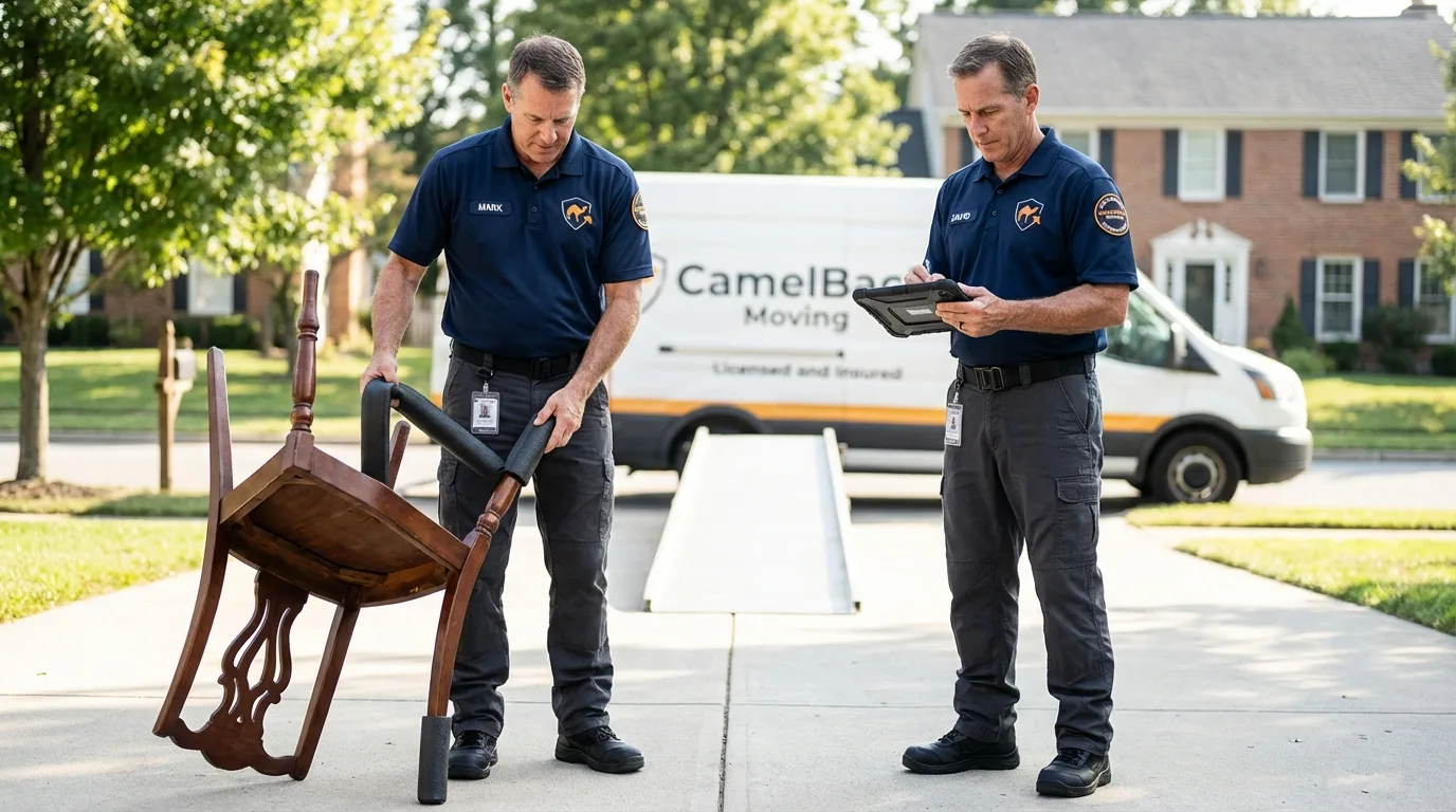 Movers inspecting furniture for damage prevention before loading in New Buffalo, MI