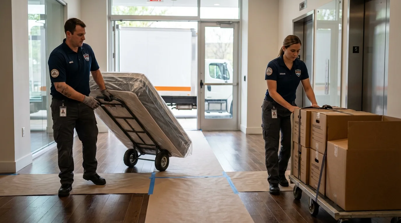 Professional apartment movers loading elevator in New Buffalo, MI