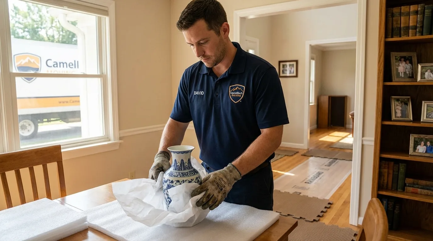 Professional crew carefully wrapping antique vase for senior downsizing move in New Buffalo, MI